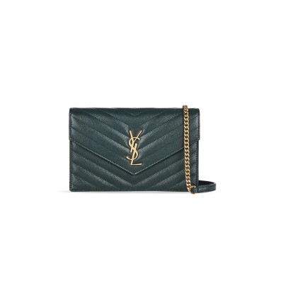 YSL CASSANDRE MATELASSÉ ENVELOPE CHAIN WALLET IN GRAIN DE POUDRE EMBOSSED LEATHER 393953BOW014458 (19*12.5*3.5cm)